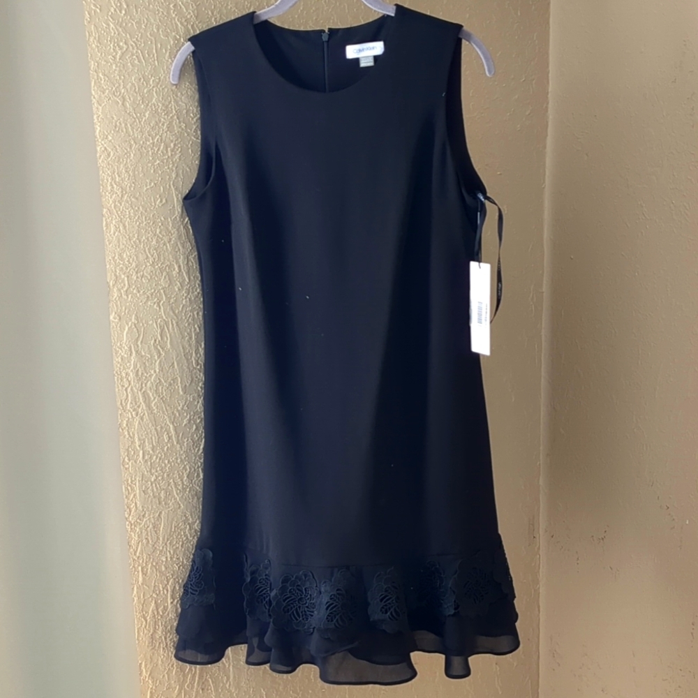 Calvin Klein Black Sleeveless Midi Dress with Floral Lace Hem